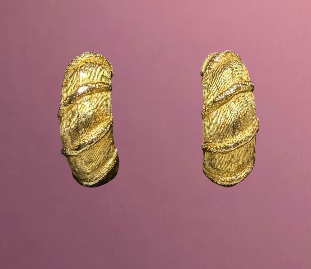 Vintage Gold Tone Clip On Earrings Textured Half Hoop 1 Inch Chunky Statement